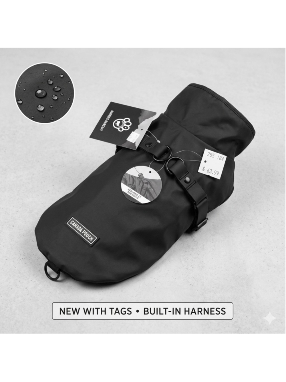 Canada Pooch Harness Raincoat Black Size 10 Waterproof Adjustable Dog Jacket NWT